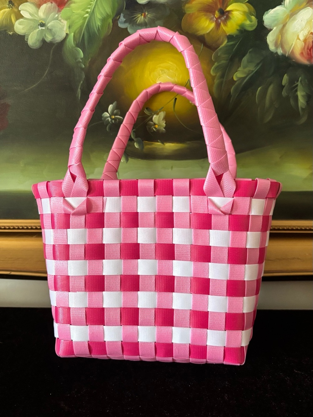 NWOT Elegant Handmade Woven Plastic Mini Tote bag Shopping bag White Pink
